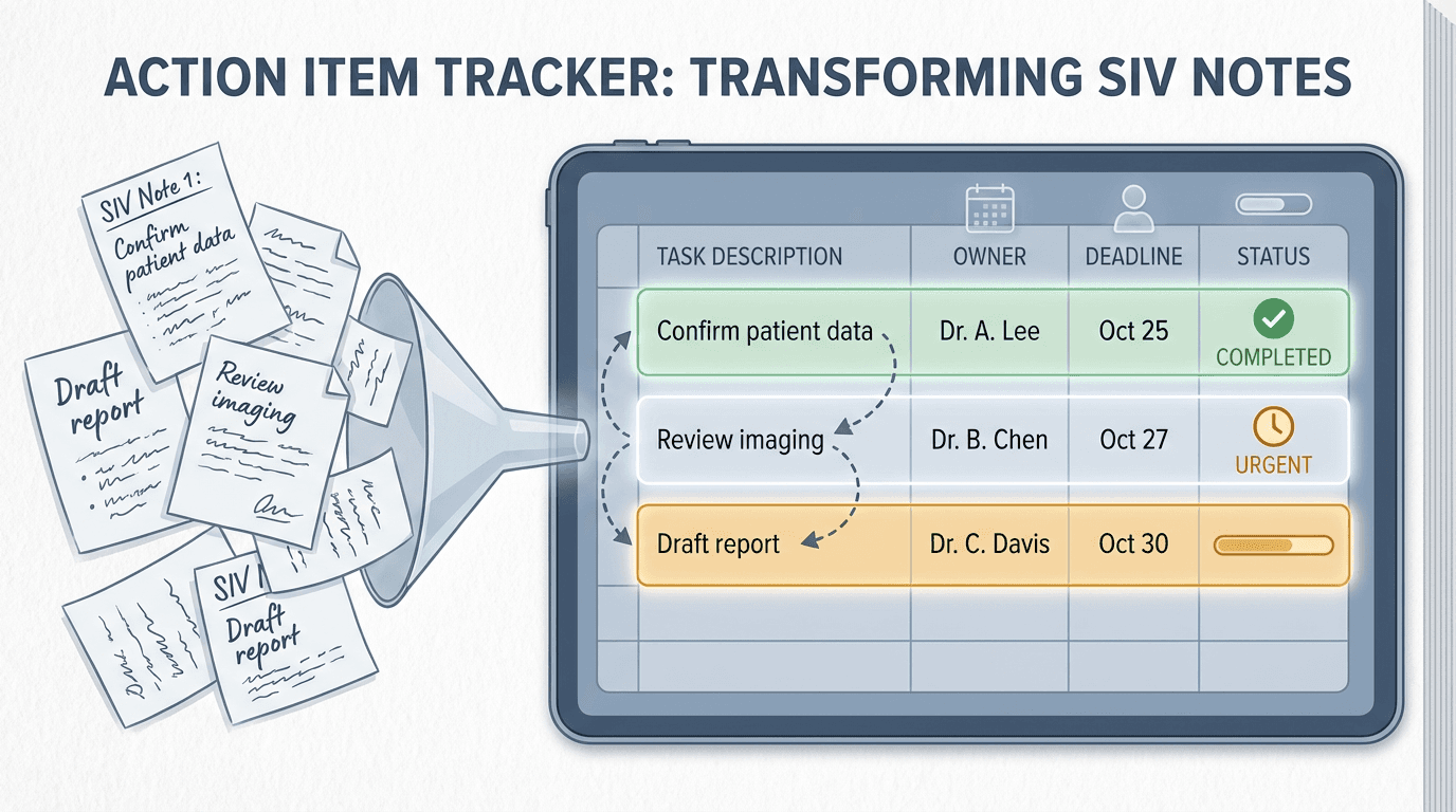 Post-SIV notes being organized into a structured action item tracker with owners, deadlines, and dependency tracking