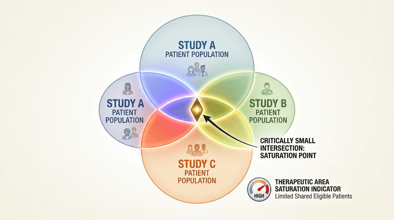 Overlapping Venn diagrams showing patient population competition between three studies in the same therapeutic area