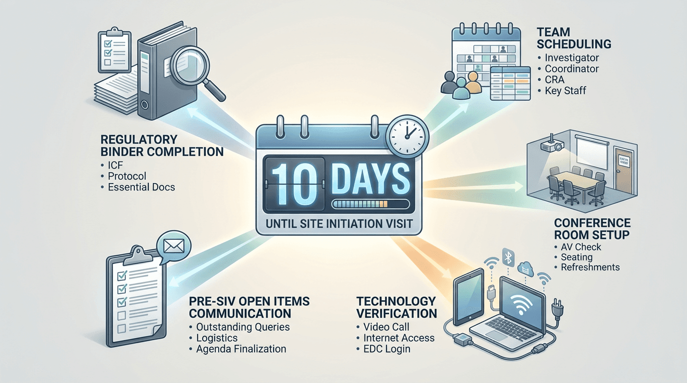 A 10-day countdown to the site initiation visit with preparation tasks radiating from the calendar