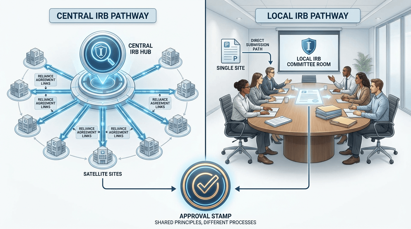Side-by-side comparison of central IRB and local IRB review pathways, both leading to the same ethical approval