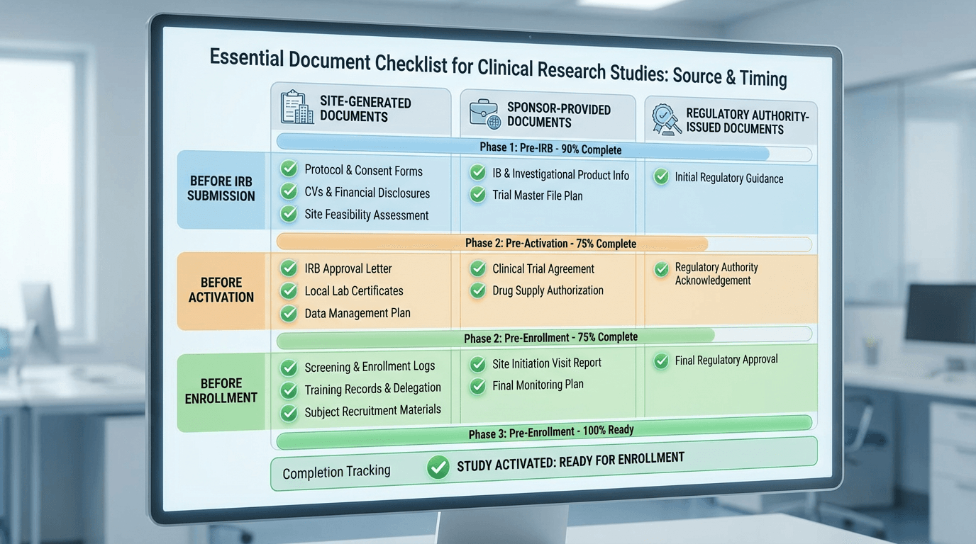 An essential records checklist organized by source and timing requirements for study activation