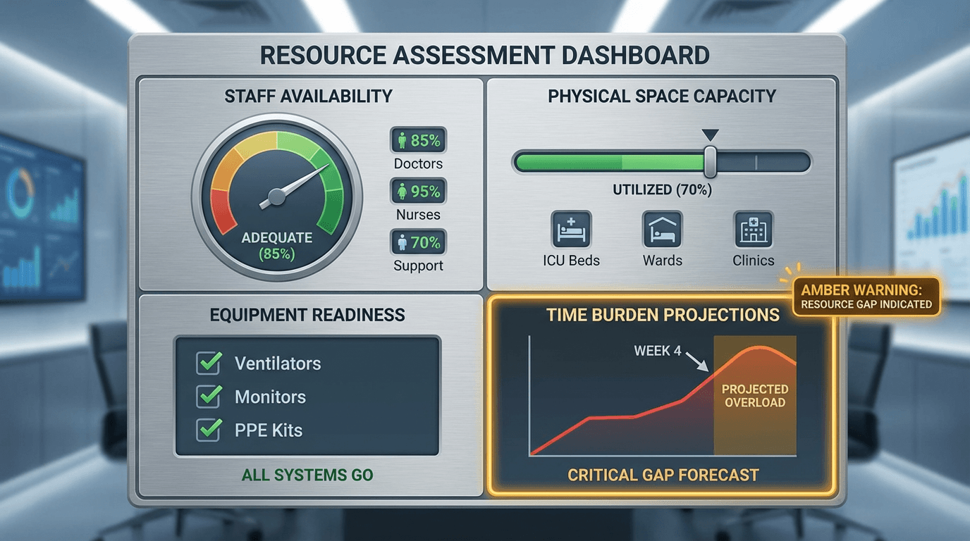 A four-quadrant resource assessment dashboard evaluating staff, space, equipment, and time for site feasibility