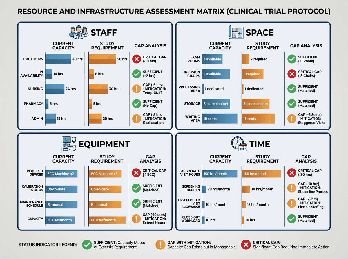 A four-quadrant resource assessment matrix diagram with quadrants labeled Staff, Space, Equipment, and Time. Each quadrant contains three columns showing current site capacity, study requirements from the protocol, and the resulting gap analysis with color-coded status indicators. Green indicates sufficient capacity, amber indicates a gap that can be mitigated, and red indicates a critical gap that may prevent study conduct.