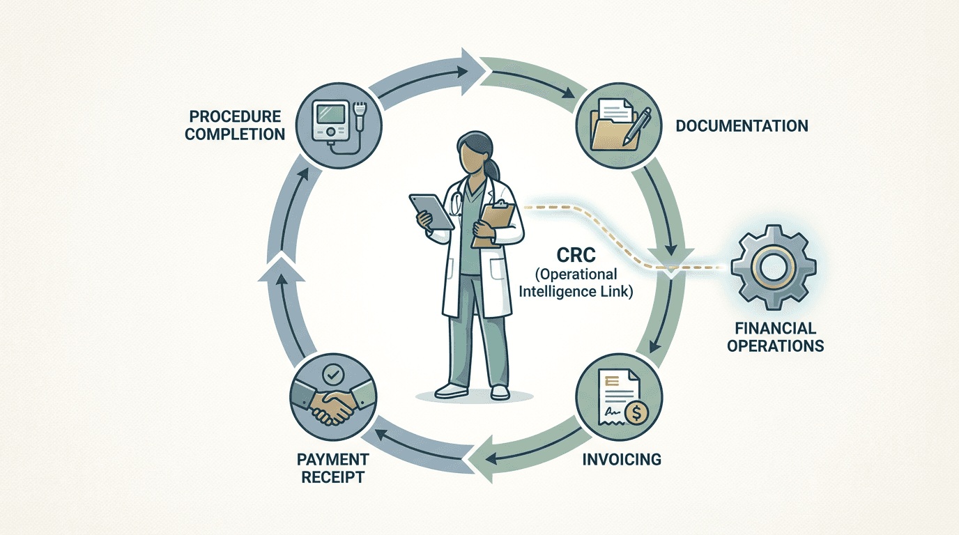 A circular budget tracking cycle with the CRC at the documentation node connecting clinical procedures to financial operations
