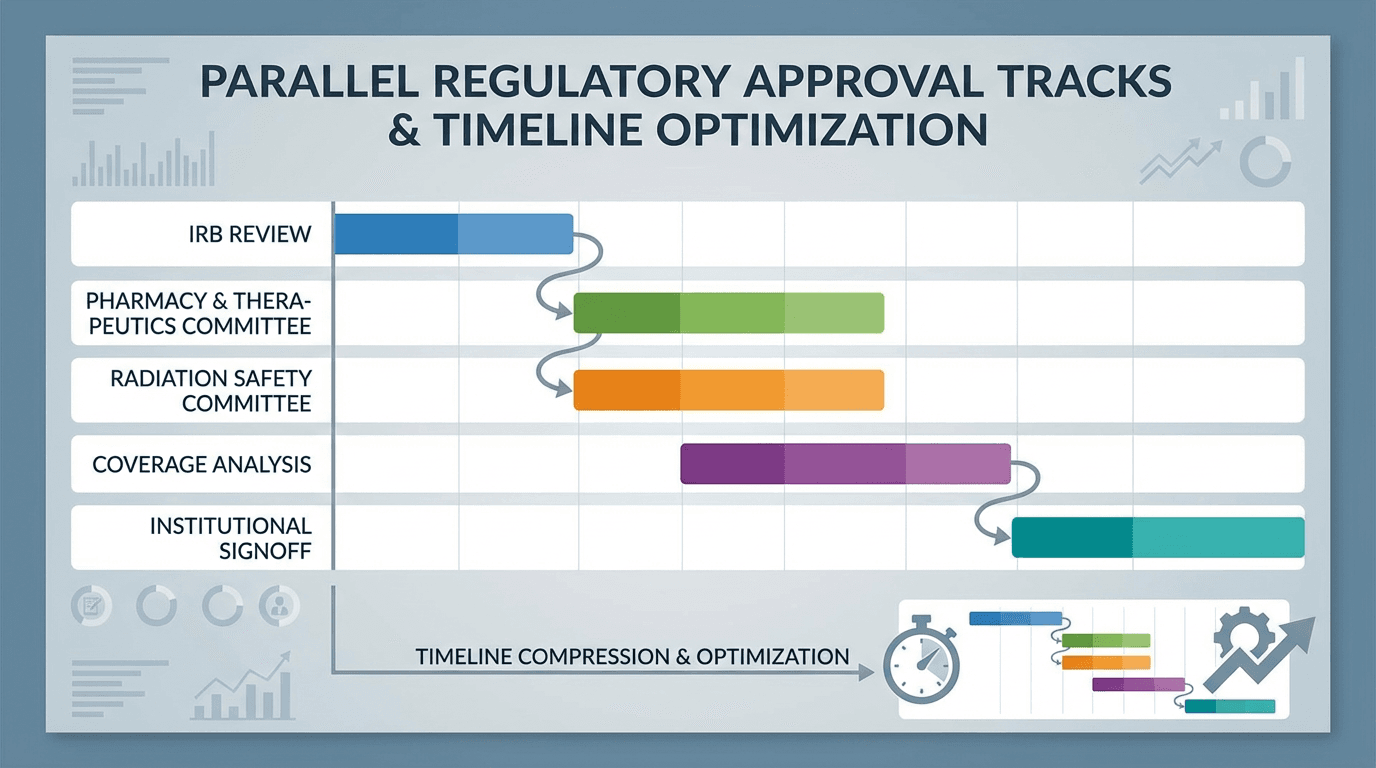 A Gantt-style timeline showing parallel and sequential regulatory approval tracks for optimized site activation