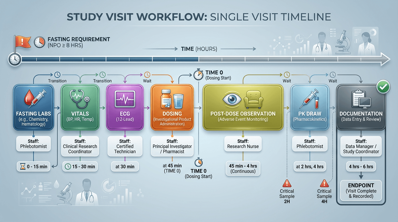 A visit workflow template showing color-coded procedures arranged in timed sequence with staff assignments
