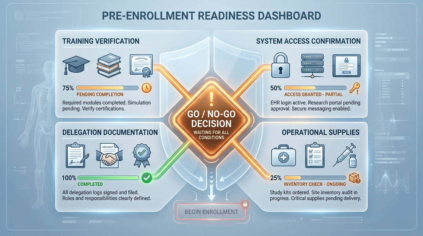 A four-quadrant pre-enrollment readiness dashboard with a central go/no-go decision point awaiting all-green status