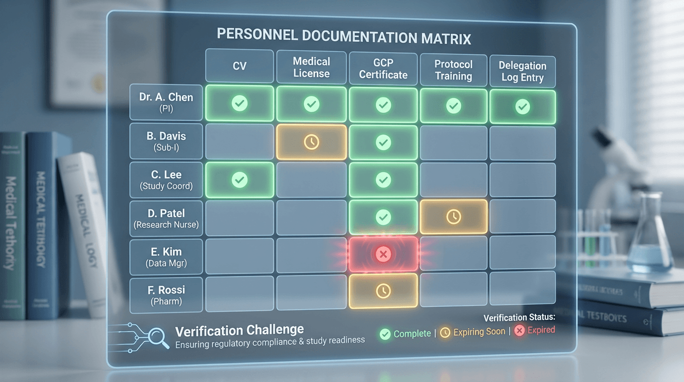 A personnel documentation matrix showing verification status of CVs, licenses, and training records for study team members