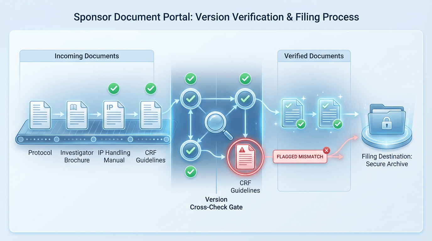 Sponsor-provided documents being received and verified through a version cross-check process before filing