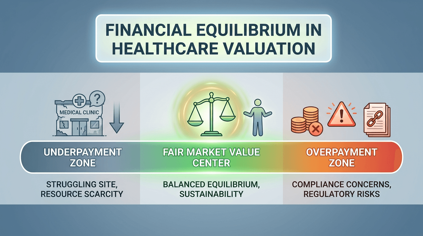 A fair market value spectrum showing the compliance risks of both underpayment and overpayment in clinical trial budgets