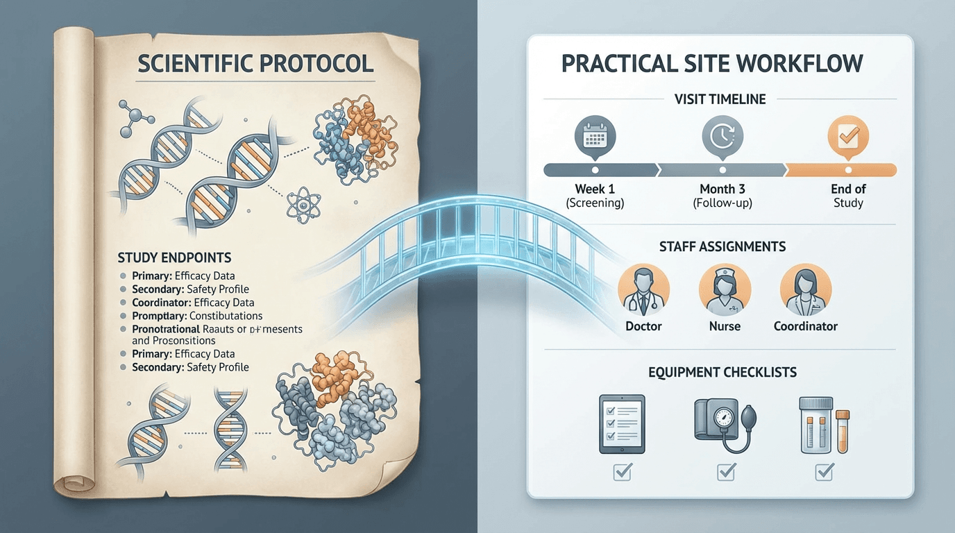 Conceptual illustration showing the translation of scientific protocol requirements into operational site workflows