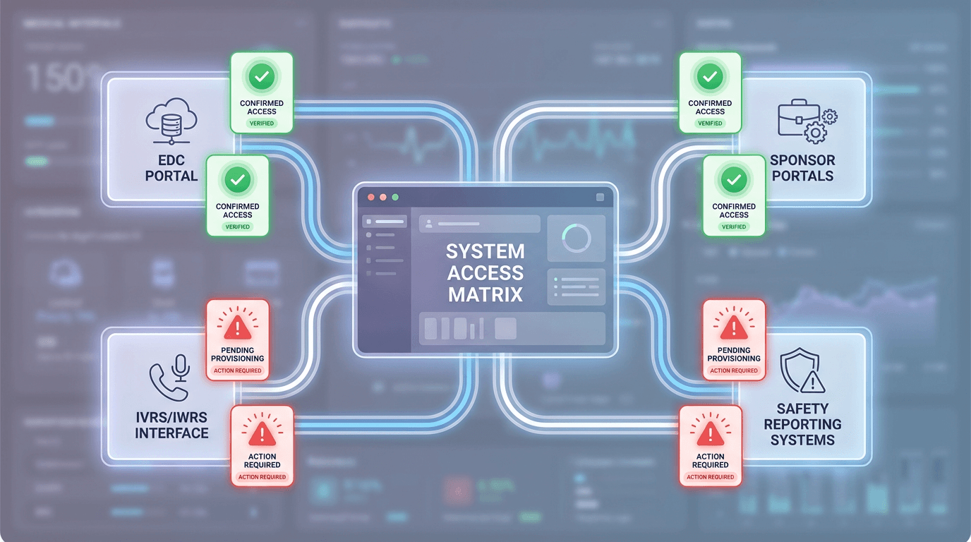 An interconnected dashboard showing system access verification across EDC, IVRS, portals, and safety reporting systems