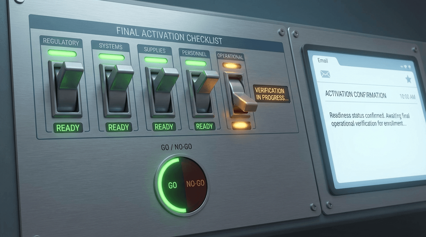 A launch control panel with five activation domain switches being verified before the site can begin enrollment