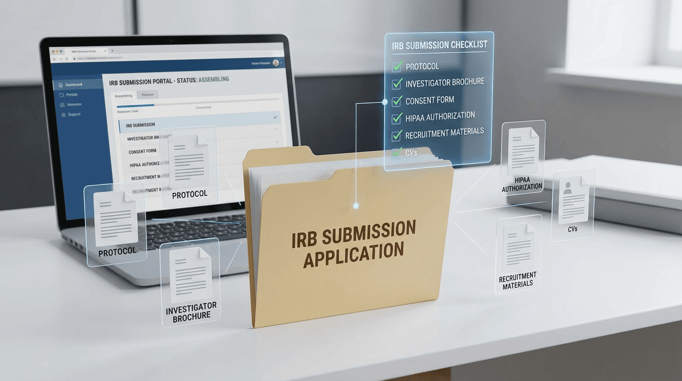 Components of an IRB initial submission package being assembled and verified before submission
