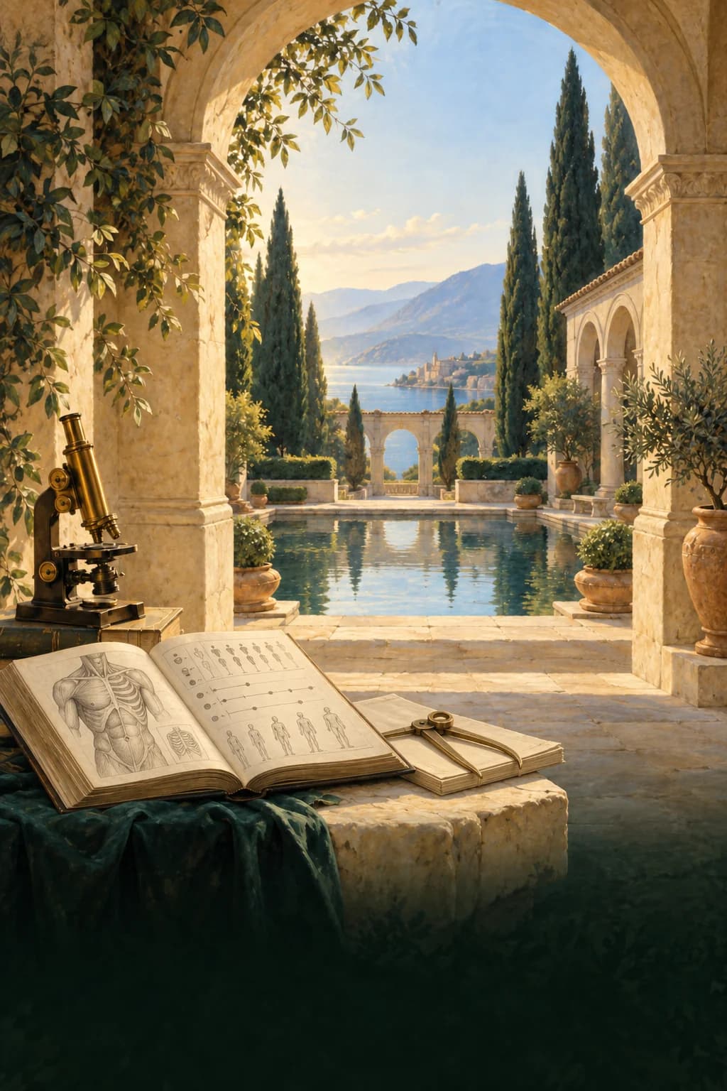 A classical courtyard with an anatomy study, clinical research notes, and a brass microscope