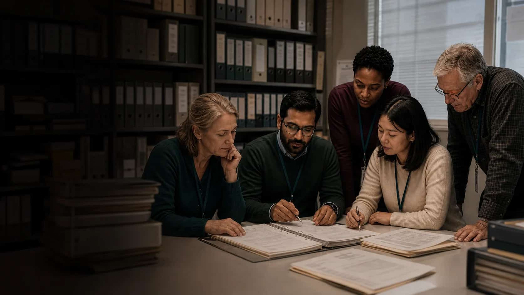Five clinical research professionals reviewing a study record together in a site records room