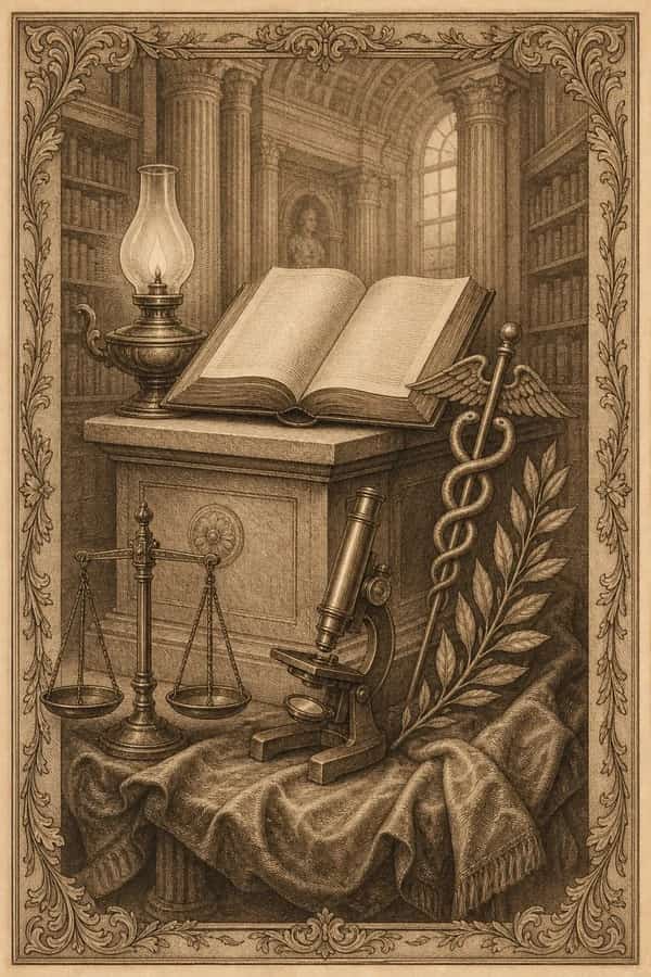An engraved study with an open reference book, scales, and clinical instruments