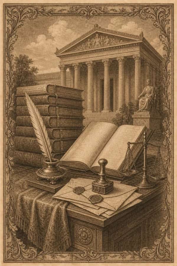 An engraved regulatory desk with books, instruments, and a neoclassical archive