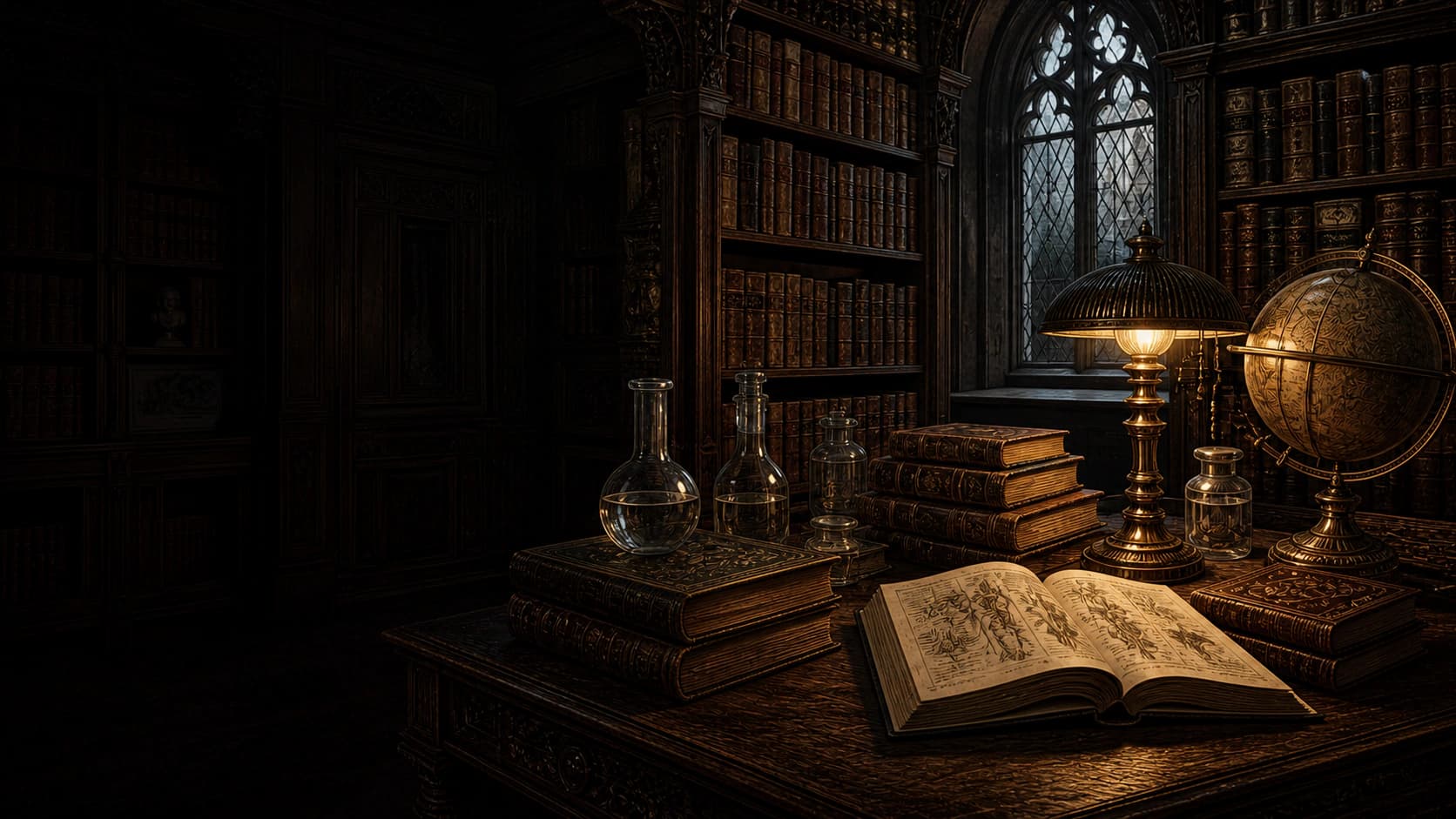 An Academy library desk with books, glassware, and a reading lamp