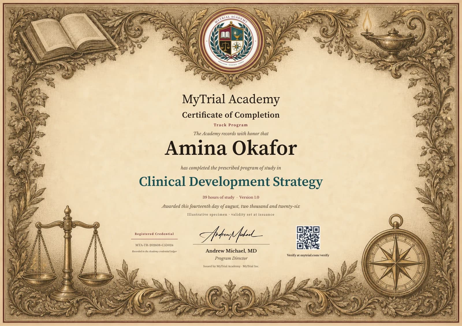 Illustrative MyTrial Academy Clinical Development Strategy certificate for Amina Okafor