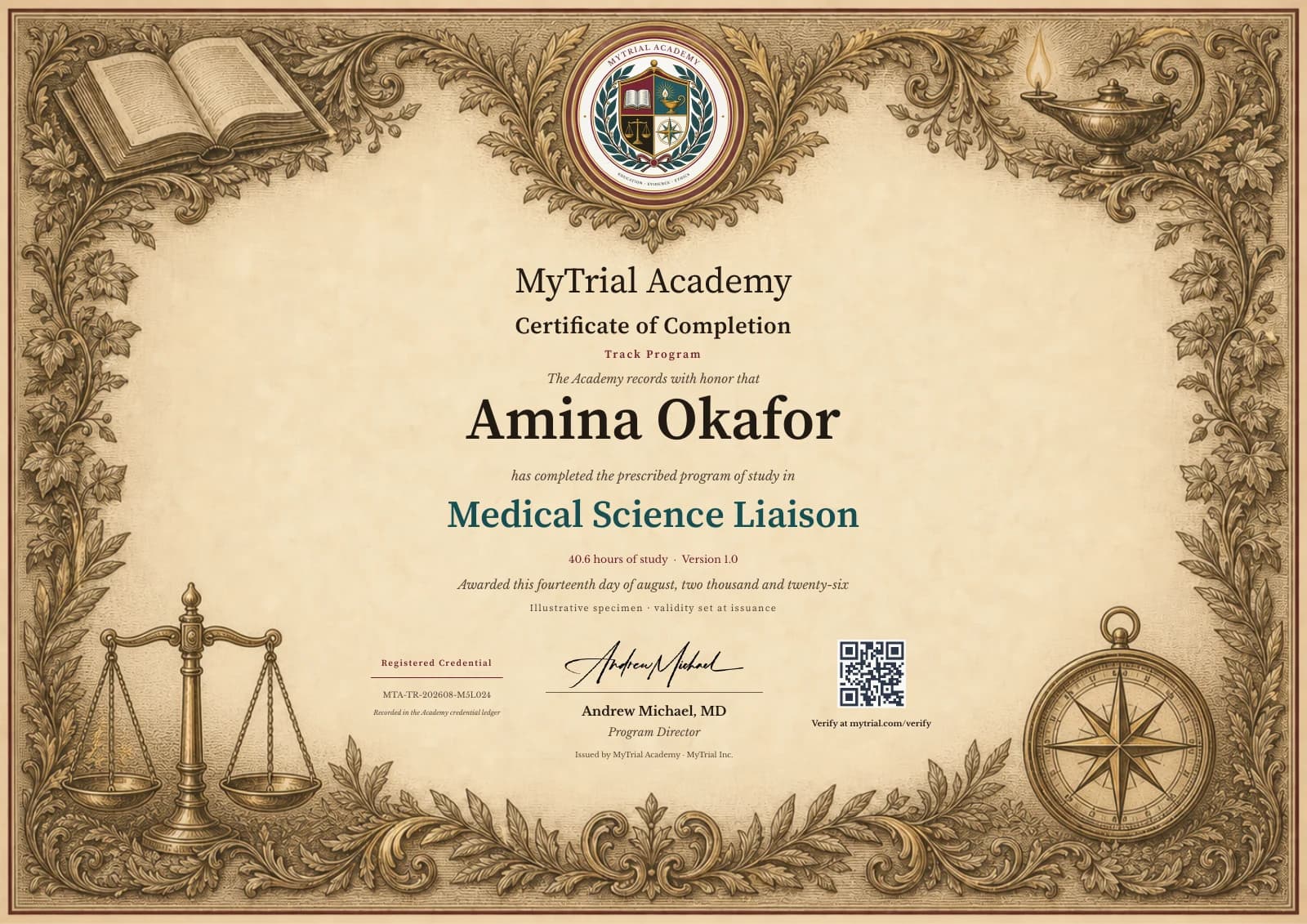 Illustrative MyTrial Academy Medical Science Liaison certificate for Amina Okafor